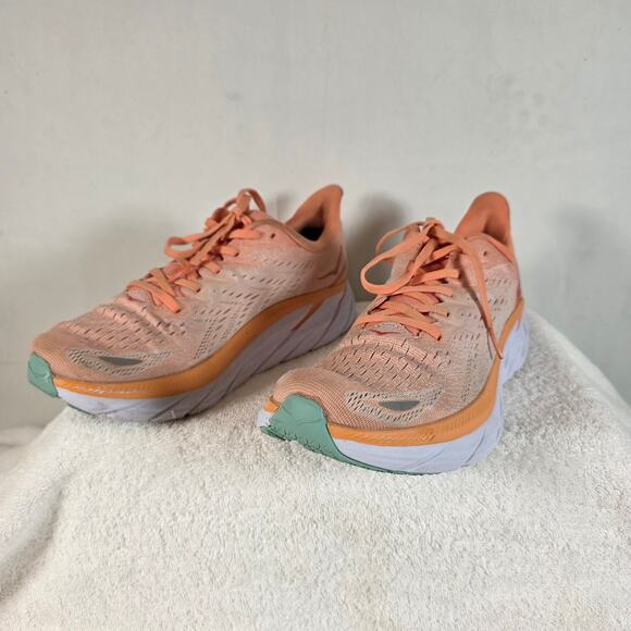 Hoka One One Clifton 8 Orange & Cream Lace-up Women's Running Shoes Size 10B - Picture 2 of 15